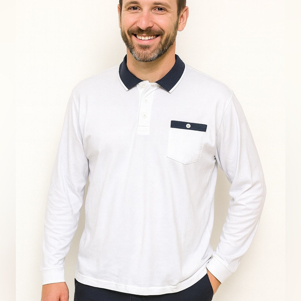 (B4) NEW SHEIN Long-sleeve white with Navy Trim polo shirt, Size Large, NWOT